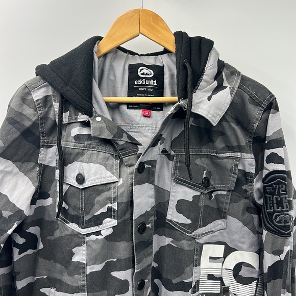 ECKO UNLTD HOODIE JACKET CANVAS CAMO PRINT MENS SIZE MEDIUM GRAY BLACK - Picture 2 of 10